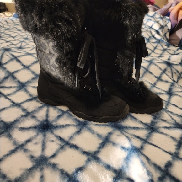 COACH Jennie Fur Trim Monogram Winter Snow Boots - Black size 5 - Picture 2 of 5